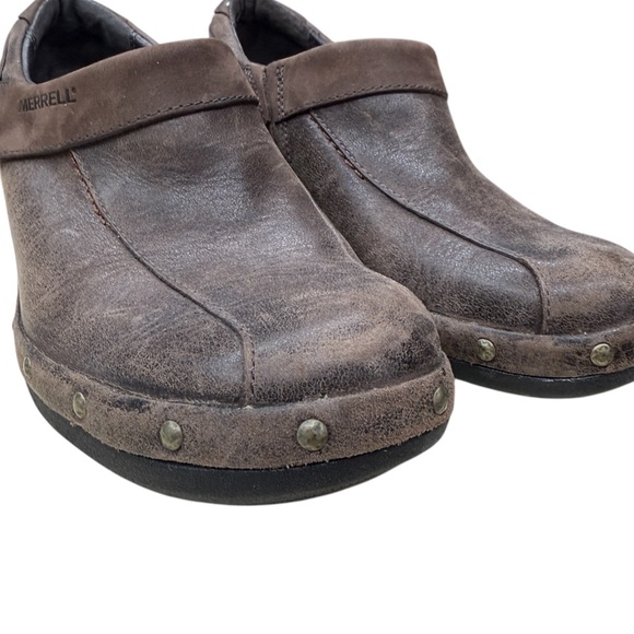 NEW Merrell Luxe Espresso Brown Leather Slip-On Studded Clog Shoe - Picture 4 of 9